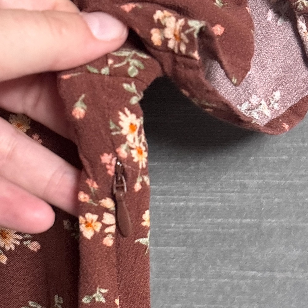 American Eagle Dress M Brown Ditzy Floral Shirtdress Ruffle Shift 90s y2k Retro - Picture 8 of 14